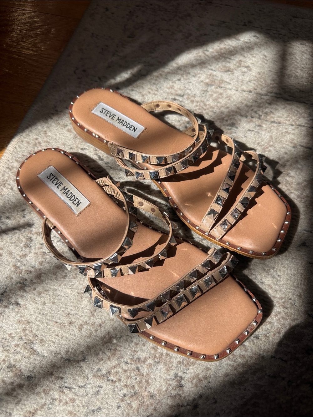 Steve Madden Tan Slide Sandals with Silver Studs